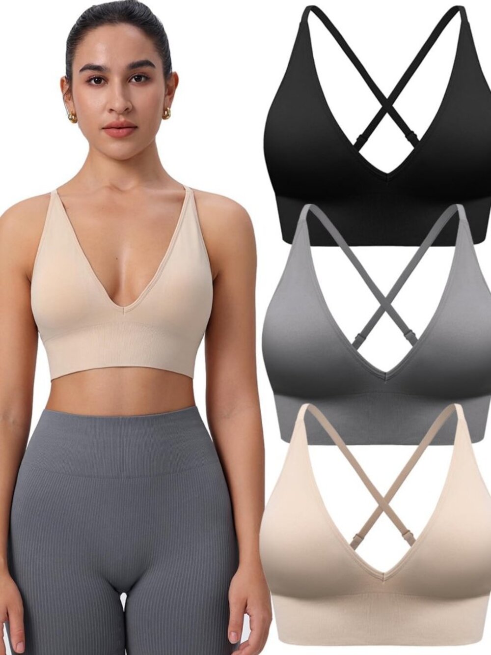 Seamless Wireless Padded Sports Bra - Adjustable V Neck Bralette for Women